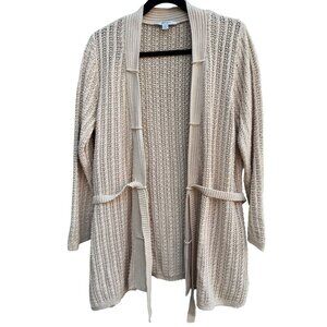 Liz Claiborne Beige Open Knit Long Belted Cardigan Womens L Cozy Layer Lagenlook